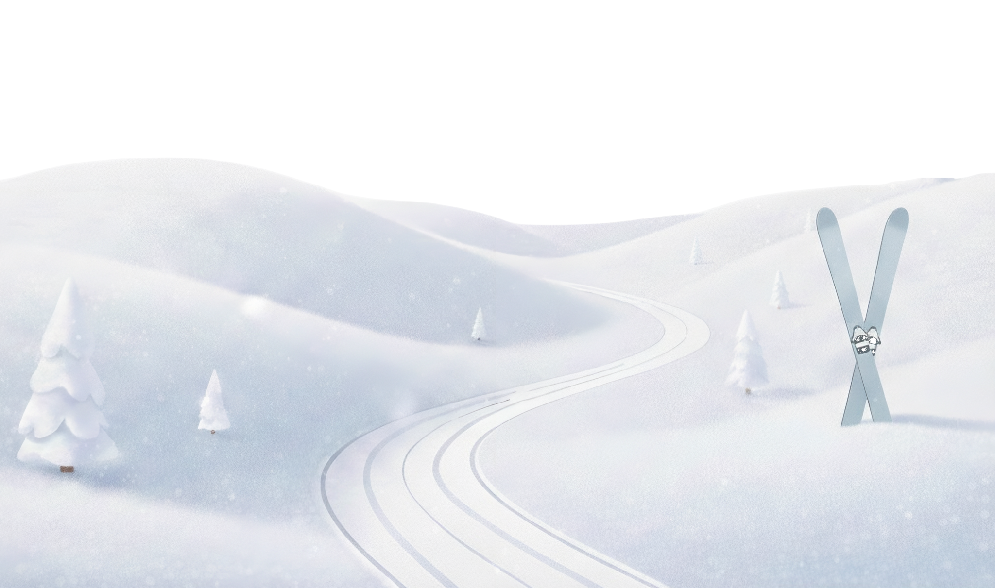 Snowy mountain landscape with a winding ski trail and crossed skis